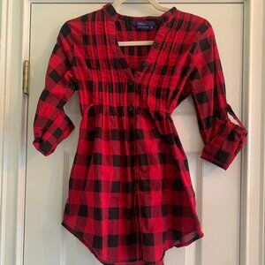 Miley Cyrus & Max Azria Red & Black Plaid Button Down V-Neck Top Medium